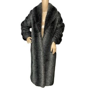 VTG 80s Monterey Fashions USA Black Silver 8 Maxi Faux Mink Fur Coat in EUC